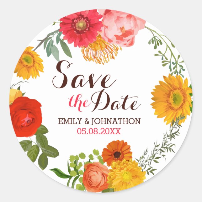 Colourful Floral Wreath- Save The Date Classic Round Sticker (Front)