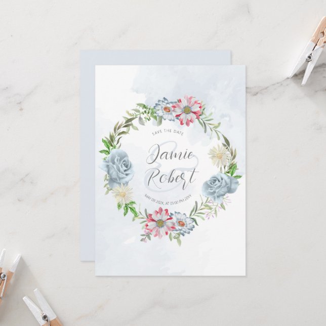 Colourful floral wreath Save the Date Invitation (Front/Back In Situ)