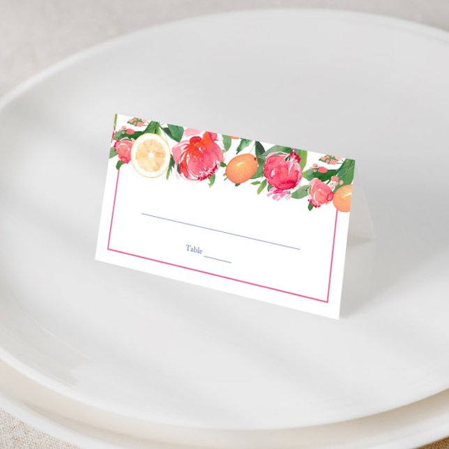 Colourful Florals Citrus Blue Spanish Tiles Weddin Place Card (Bold pink watercolor flowers with citrus elements and blue & white tile reverse wedding place card)