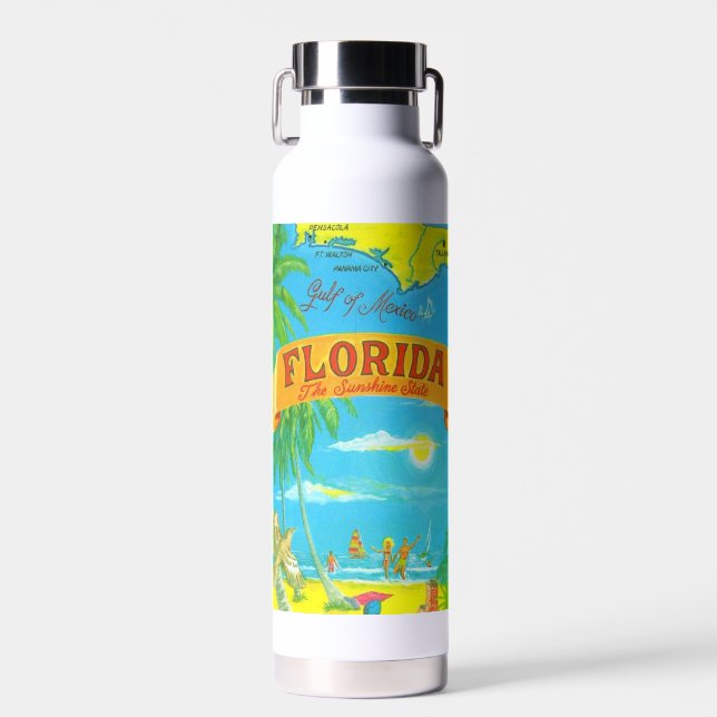 Colourful Florida Postcard Map  Water Bottle (Front)