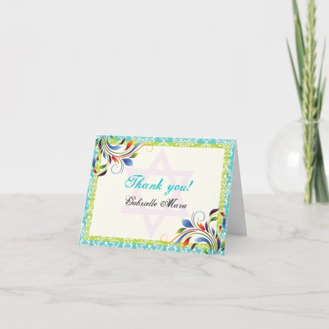 Colourful flourish & Star of David damask Thank You Card (Front)