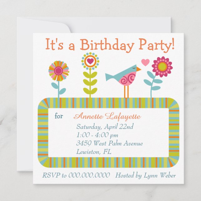 Colourful Flower and Bird Frame Birthday Party Invitation (Front)