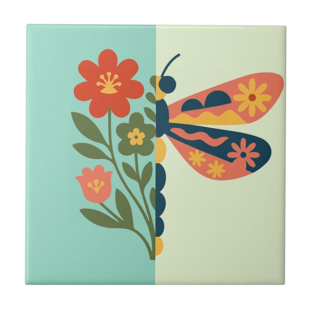 Colourful flower and butterfly graphic design ceramic tile (Front)
