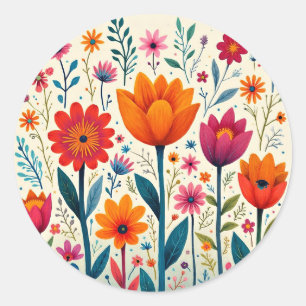 Colourful Flower Art Illustration, Classic Round Sticker