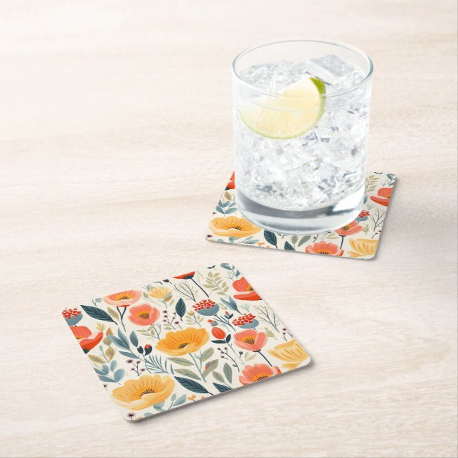Colourful Flower Art Square Paper Coaster (Insitu)