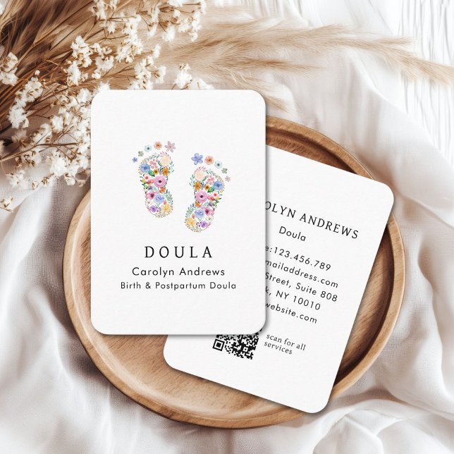 Colourful Flower Baby Footprint Logo QR Code Business Card (Colorful Flower Baby Footprint Logo QR Code White Business Card)