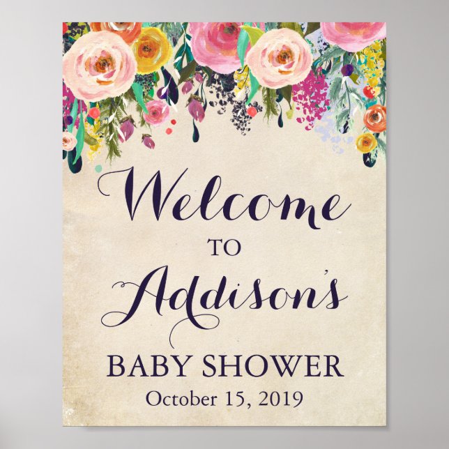Colourful Flower Baby Shower Welcome Sign Poster (Front)