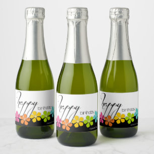 Colourful Flower Black & White Birthday Calligraph Sparkling Wine Label