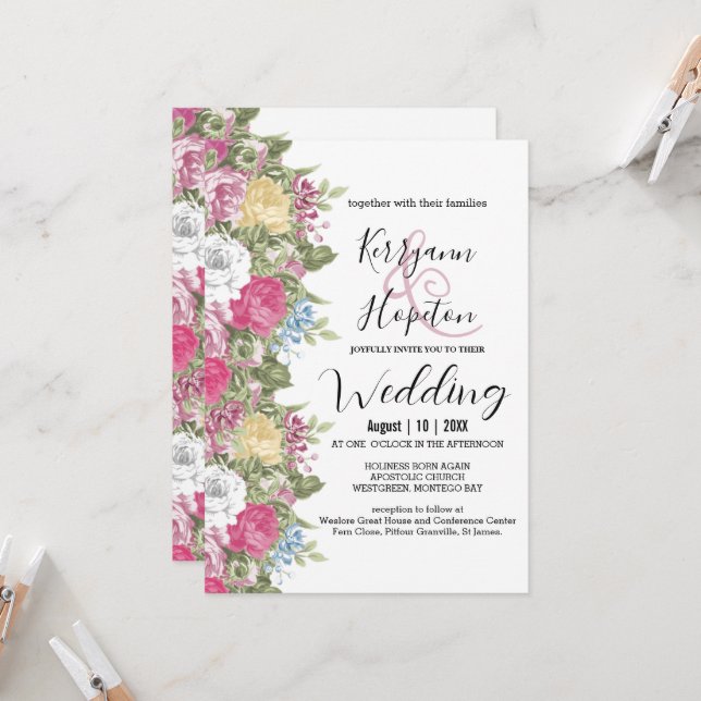Colourful Flower Blooms Wedding Invitation (Front/Back In Situ)