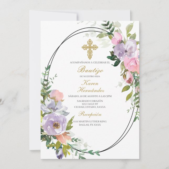 Colourful flower bouquet Baptism Spanish Invitation (Front)