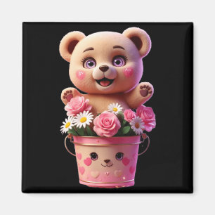 Colourful flower bucket with teddy funny unisex magnet