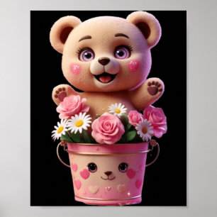 Colourful Flower Bucket with Teddy Funny Unisex Poster