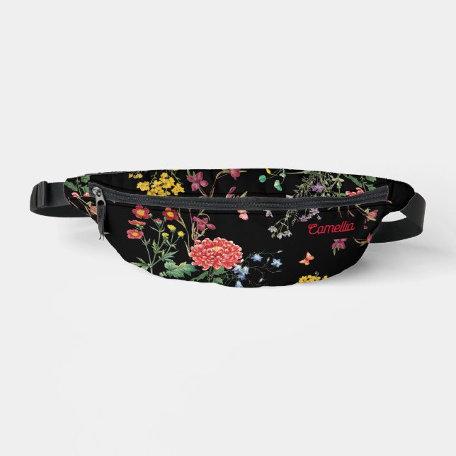 Colourful FLower Garden Hand Drawing Black Custom Bum Bags (Front)