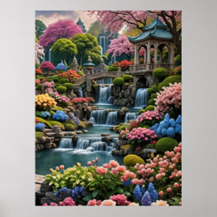 Colourful Flower Garden with Waterfalls Poster