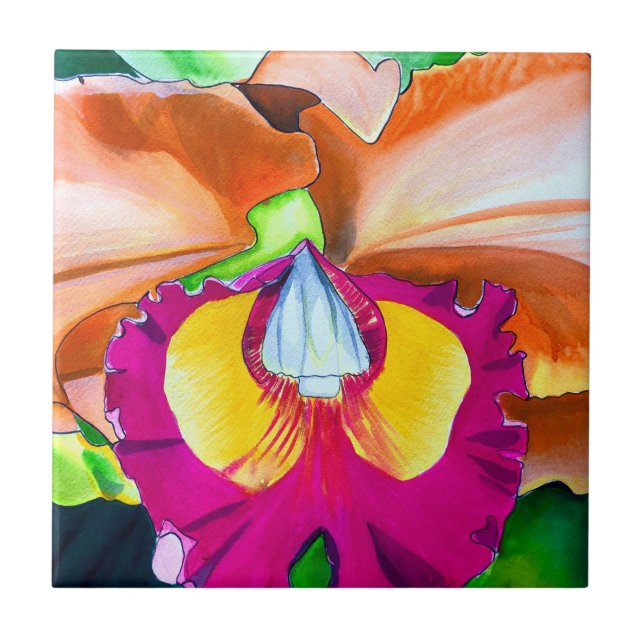 Colourful flower orchid watercolor art ceramic tile (Front)