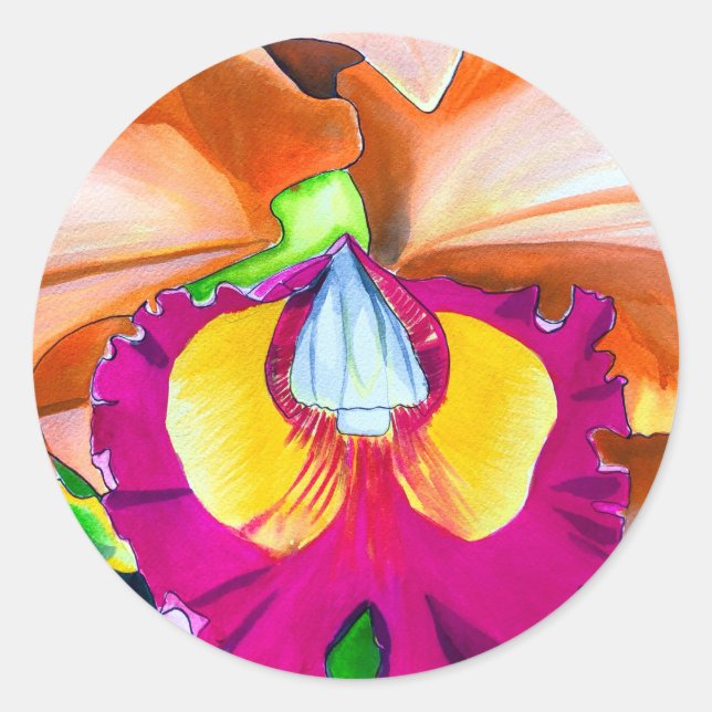 Colourful flower orchid watercolor art classic round sticker (Front)