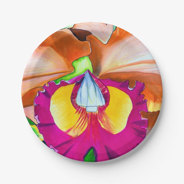 Colourful flower orchid watercolor art paper plate (Front)