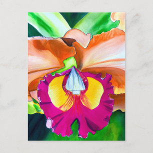Colourful flower orchid watercolor art postcard