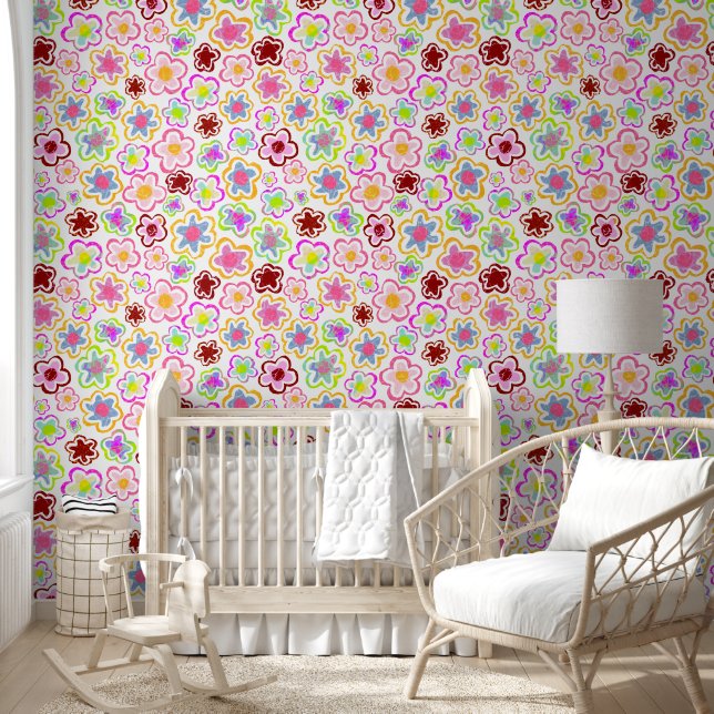 Colourful Flower Pattern Hand Drawing Floral Wallpaper (Kids)