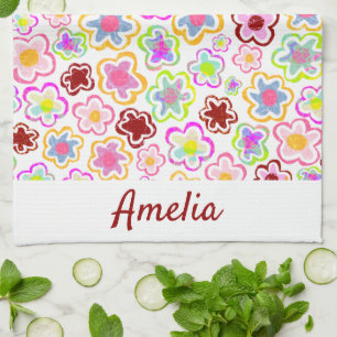 Colourful Flower Pattern Hand-Drawn Summer Floral Tea Towel