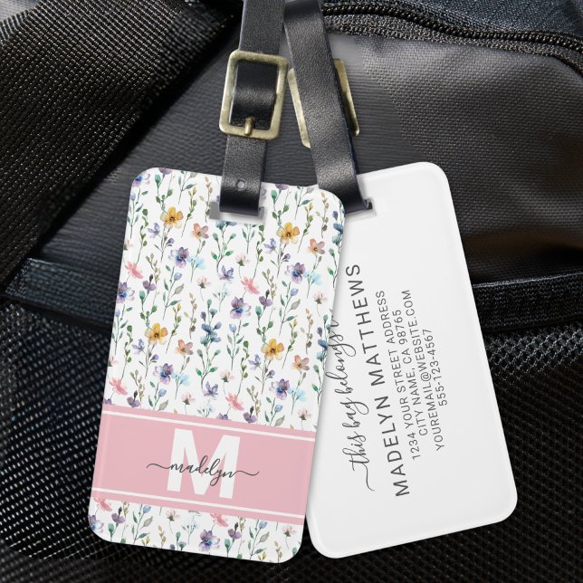 Colourful Flower Pattern Monogram Luggage Tag (Elegant Watercolor Wildflower Monogram Luggage Tag)