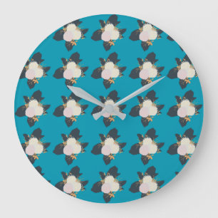Colourful Flower Pattern on Blue Background Large Clock