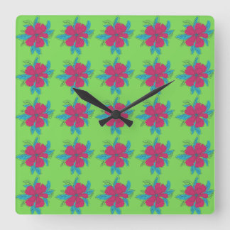 Colourful Flower Pattern on Green Background Square Wall Clock