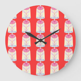 Colourful Flower Pattern on Red Background Large Clock