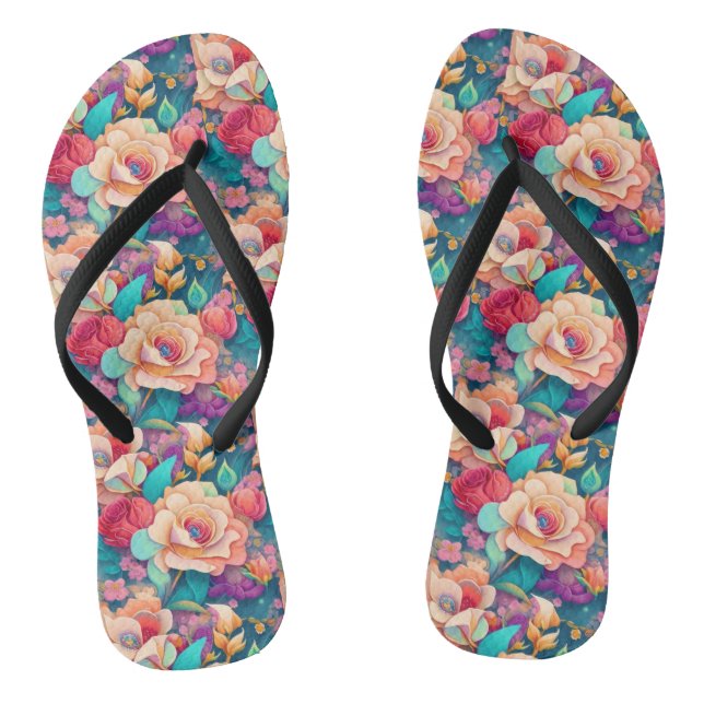 Colourful Flower Pattern Slim Strap Flip Flops (Footbed)
