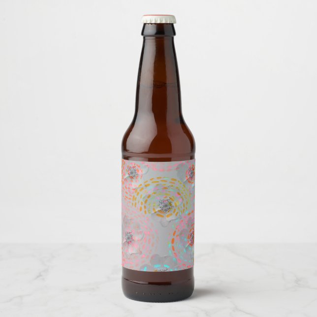 Colourful flower pattern with dotted graphic lines beer bottle label (Front)