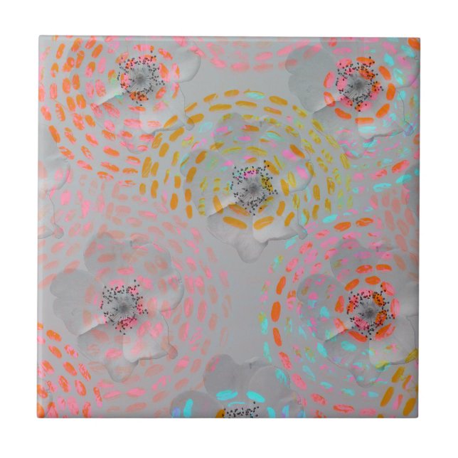 Colourful flower pattern with dotted graphic lines ceramic tile (Front)