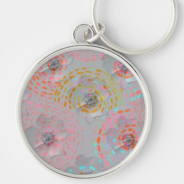 Colourful flower pattern with dotted graphic lines key ring (Front)