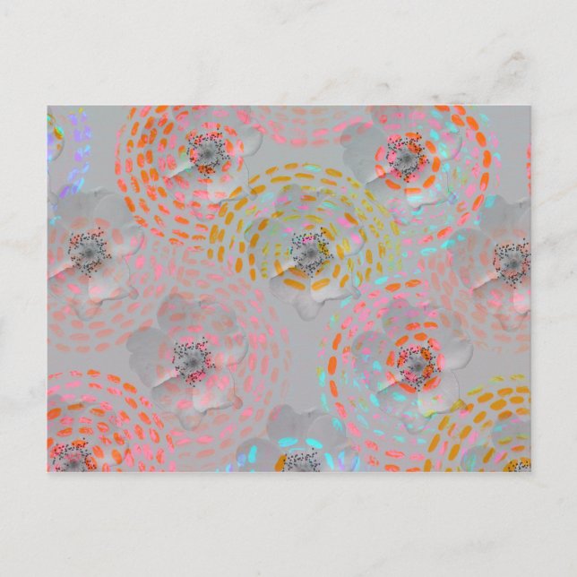 Colourful flower pattern with dotted graphic lines postcard (Front)