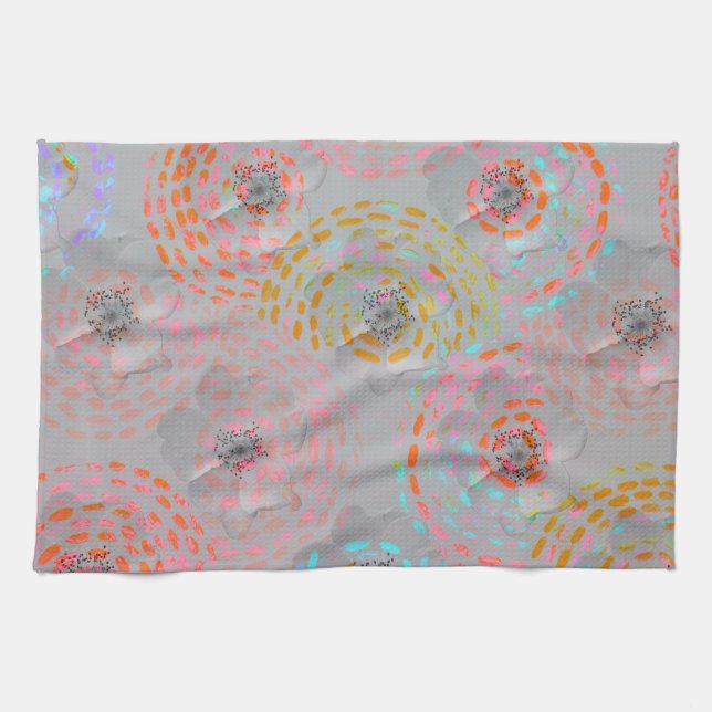 Colourful flower pattern with dotted graphic lines tea towel (Horizontal)