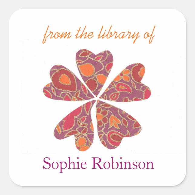 Colourful flower personalised bookplates square sticker (Front)