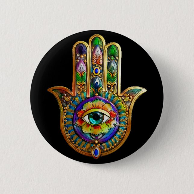 Colourful Flower Petals Turquoise Third Eye Hamsa 6 Cm Round Badge (Front)