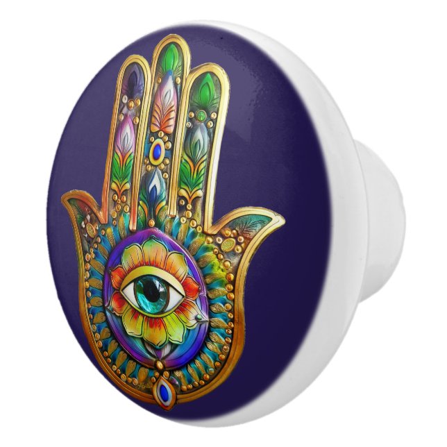 Colourful Flower Petals Turquoise Third Eye Hamsa Ceramic Knob (Right)