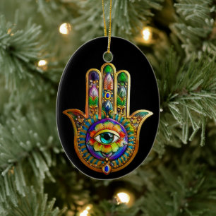Colourful Flower Petals Turquoise Third Eye Hamsa Ceramic Ornament
