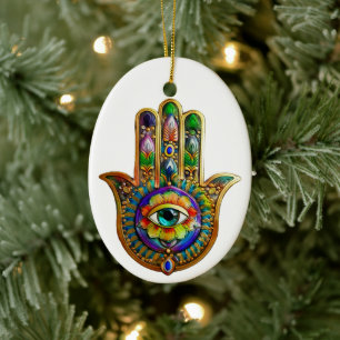 Colourful Flower Petals Turquoise Third Eye Hamsa Ceramic Ornament