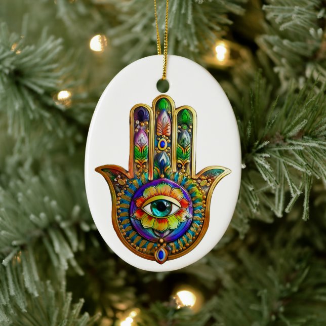 Colourful Flower Petals Turquoise Third Eye Hamsa Ceramic Ornament (Tree)