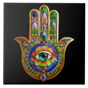 Colourful Flower Petals Turquoise Third Eye Hamsa Ceramic Tile