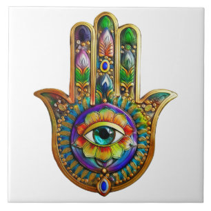 Colourful Flower Petals Turquoise Third Eye Hamsa Ceramic Tile