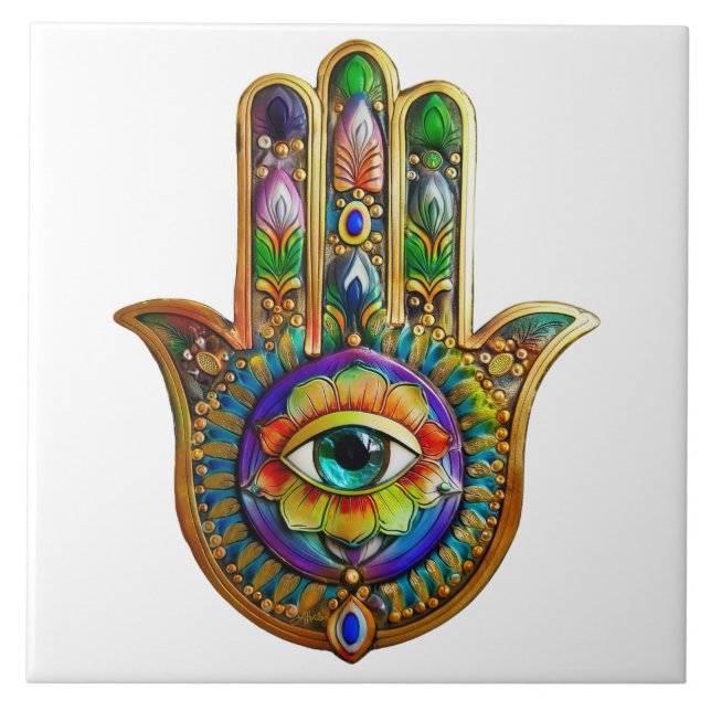 Colourful Flower Petals Turquoise Third Eye Hamsa Ceramic Tile (Front)