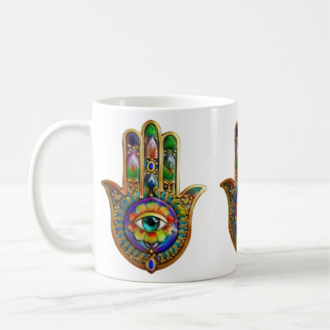 Colourful Flower Petals Turquoise Third Eye Hamsa Coffee Mug (Left)