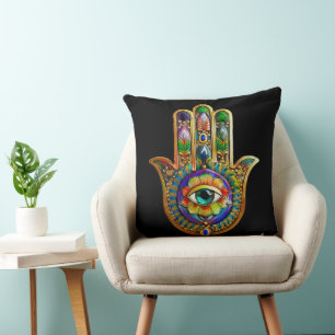 Colourful Flower Petals Turquoise Third Eye Hamsa Cushion