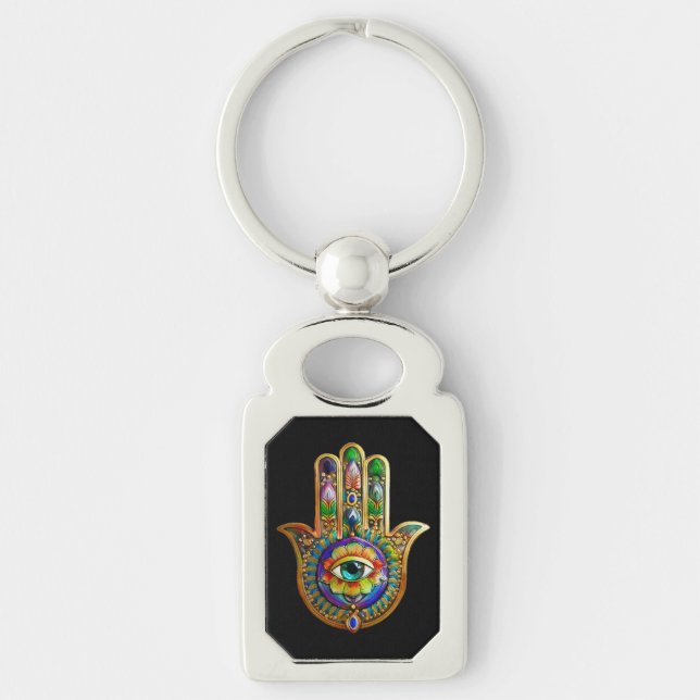 Colourful Flower Petals Turquoise Third Eye Hamsa Key Ring (Front)