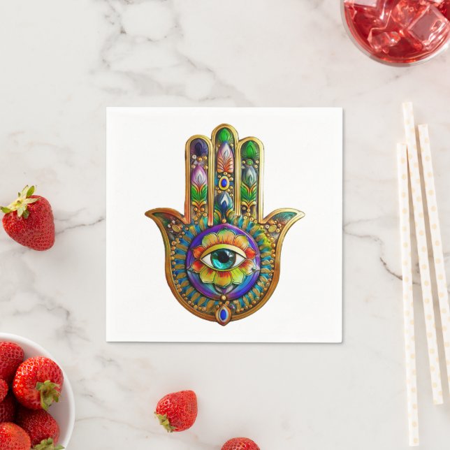 Colourful Flower Petals Turquoise Third Eye Hamsa Napkin (Insitu)