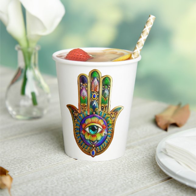 Colourful Flower Petals Turquoise Third Eye Hamsa Paper Cups (Insitu)