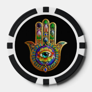 Colourful Flower Petals Turquoise Third Eye Hamsa Poker Chips
