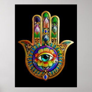 Colourful Flower Petals Turquoise Third Eye Hamsa Poster